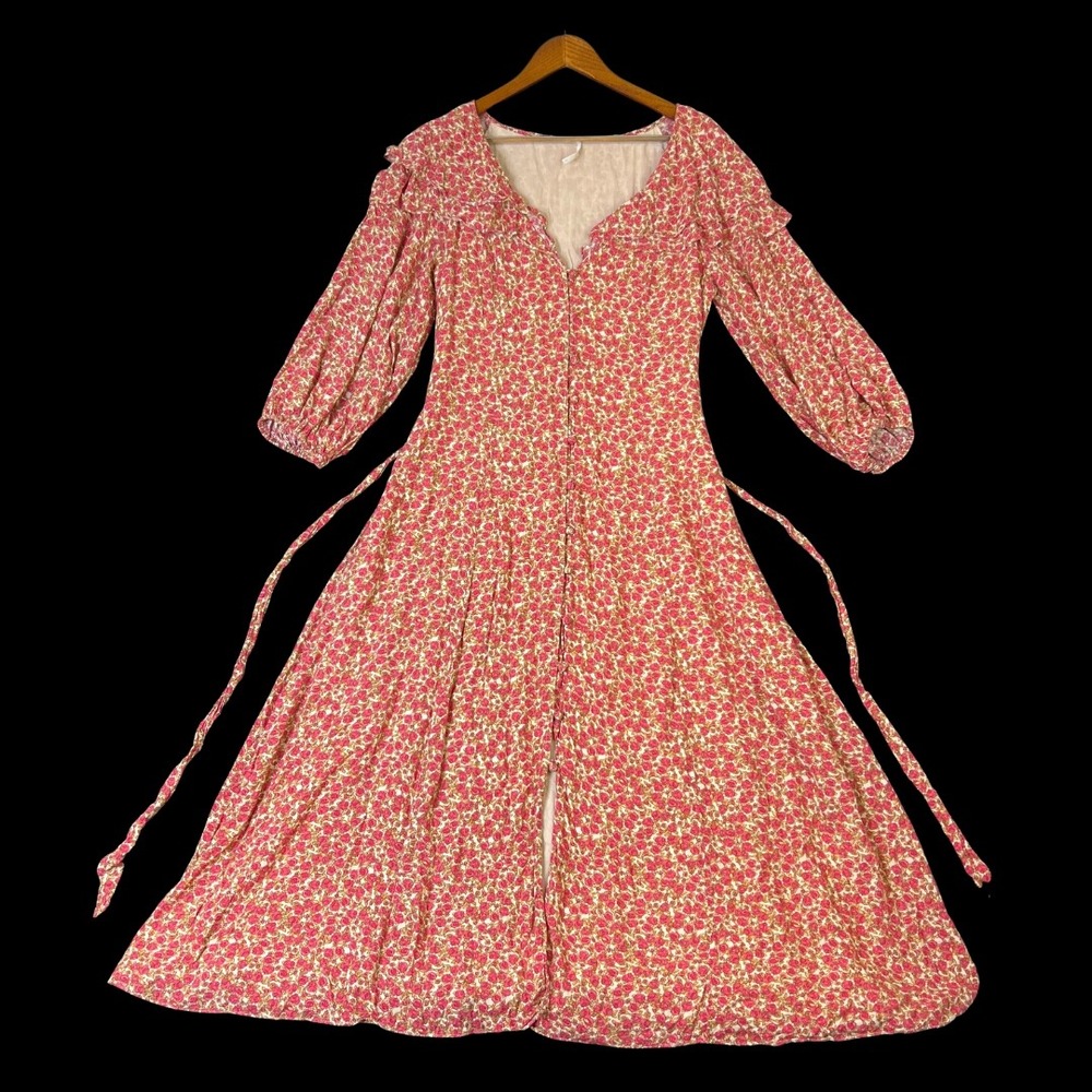 Free People Float On A Sunbeam Midi Dress Red Floral Button Front Cottage Boho M
